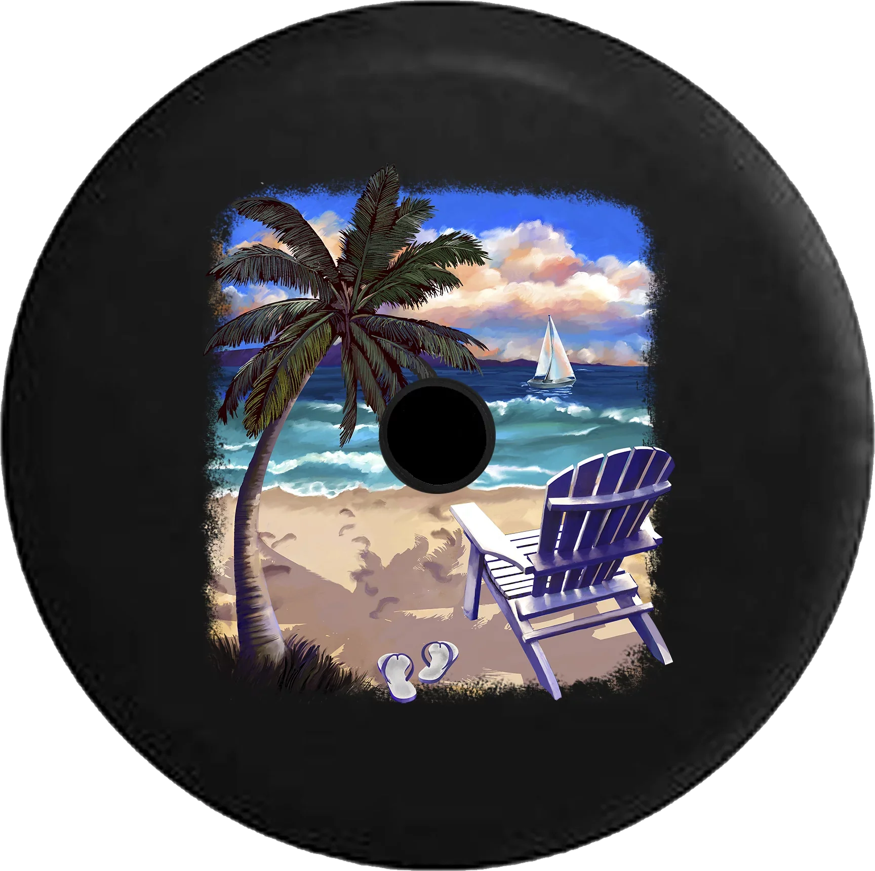 2018 2019 Wrangler JL Backup Camera Blue Chair at the Beach Palm Trees Ocean Sand & Waves Spare Tire Cover for Jeep RV 32 Inch