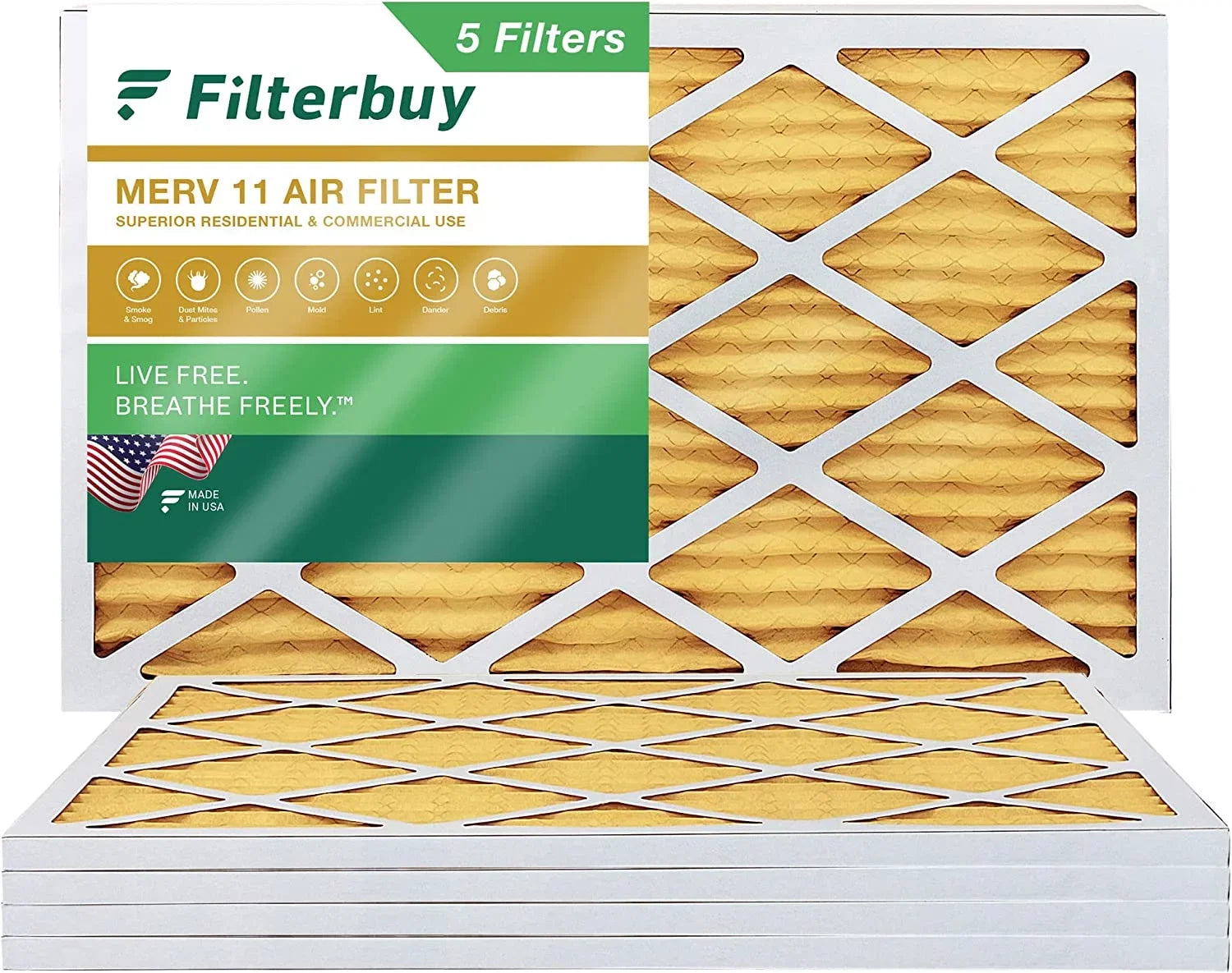 Filterbuy 14x25x1 MERV 11 Pleated HVAC AC Furnace Air Filters (5-Pack)