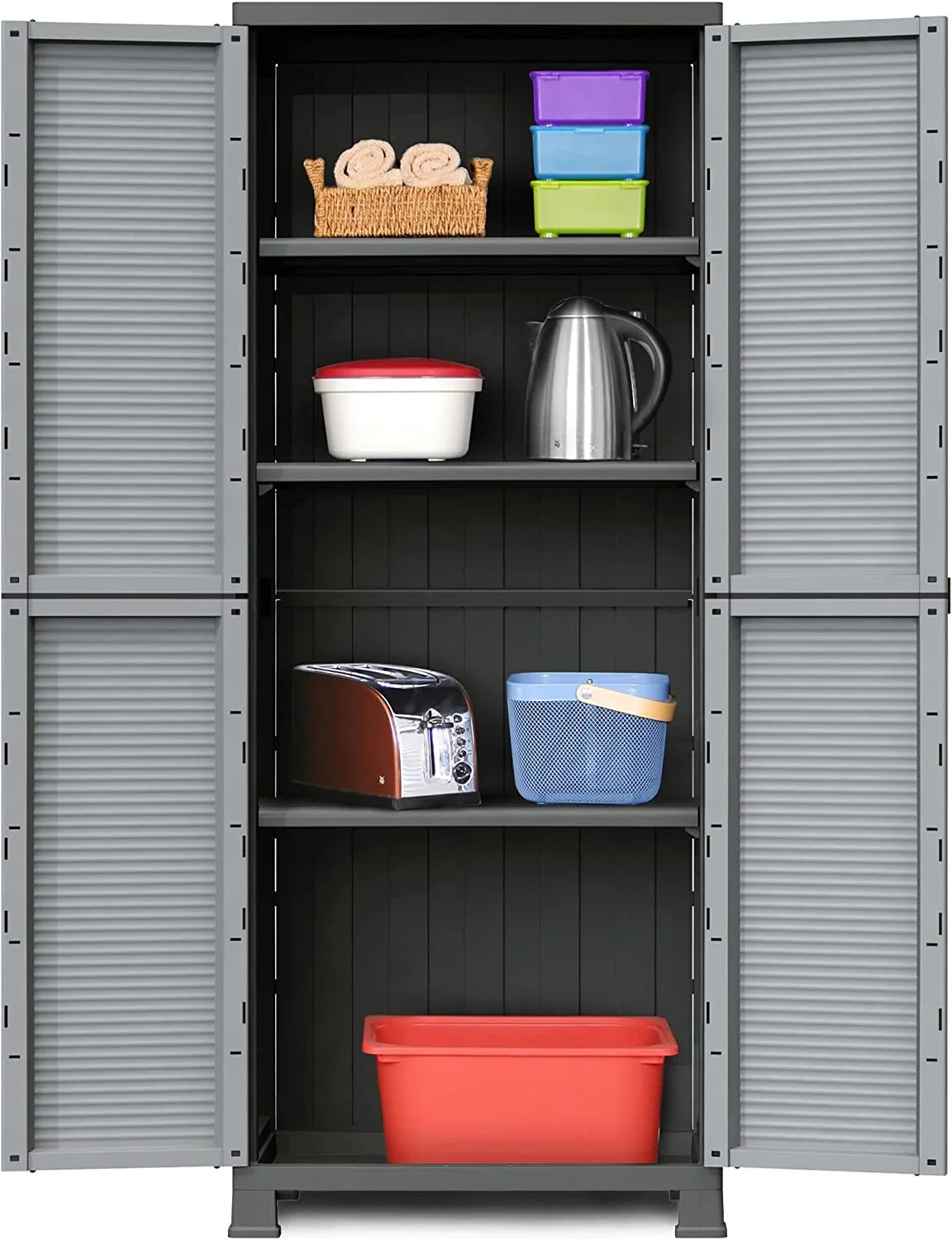 Prestige Utility Adjustable 3 Shelf Tool Organizing Storage Cabinet With Lockable Double Doors For Indoor And Outdoor Use, Gray