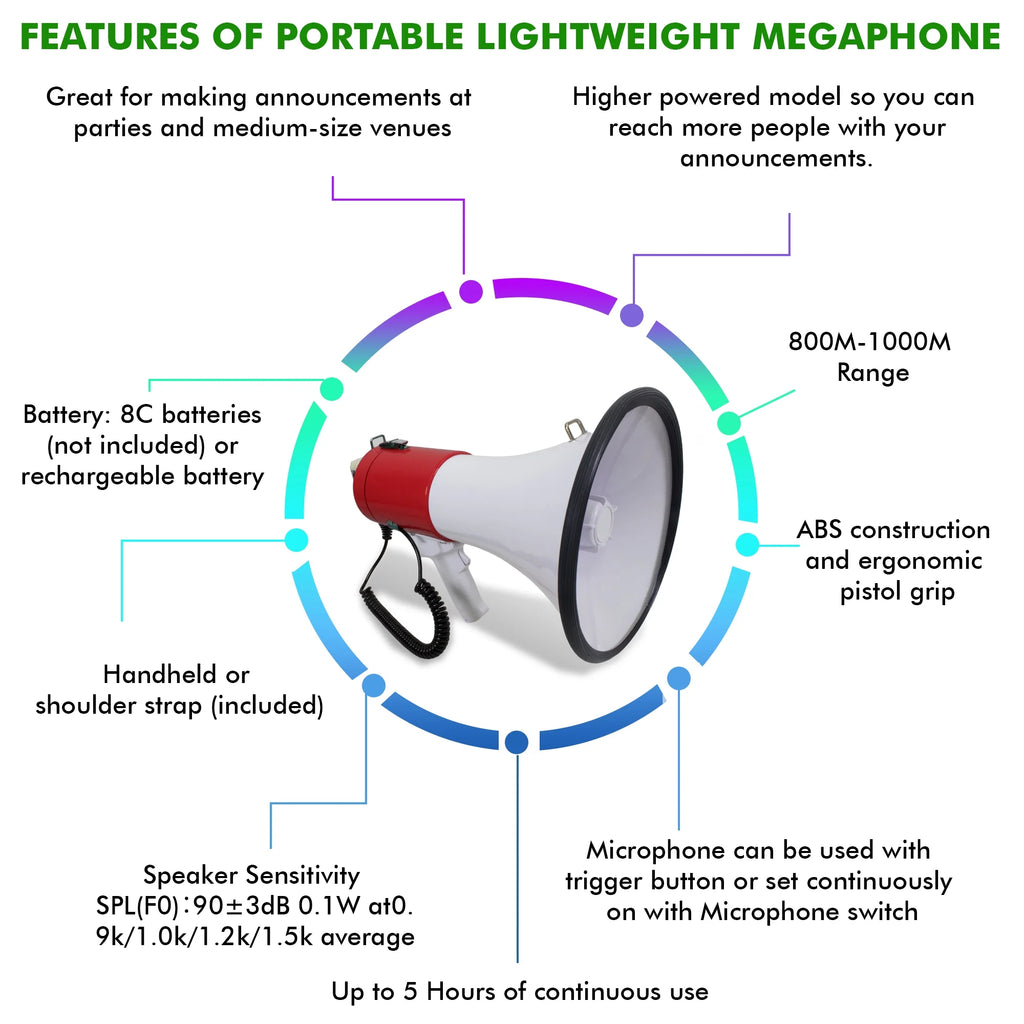 Technical Pro Portable 40 Watts 800M-1000M Range Megaphone Bullhorn With Strap Siren Volume Control for Trainers