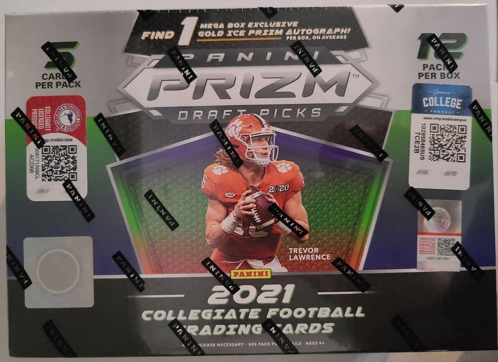 2021 Panini Prizm Draft Picks Football MEGA Box (12 pks/bx, ONE Gold Ice Prizm Autograph card/bx)