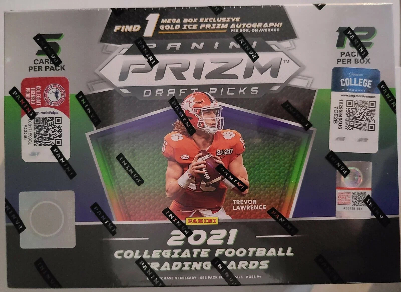 2021 Panini Prizm Draft Picks Football MEGA Box (12 pks/bx, ONE Gold Ice Prizm Autograph card/bx)