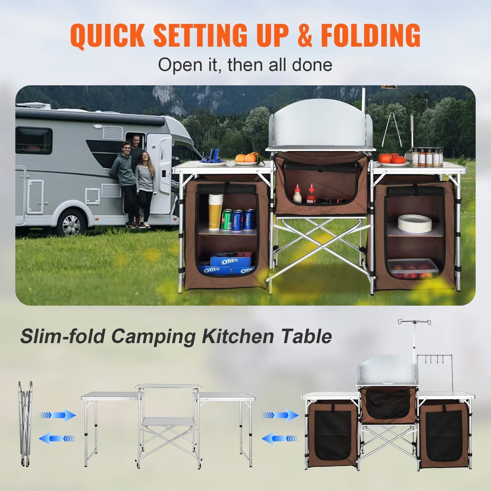 SKYSHALO Folding Portable Cook Table 3 Cupboards Brown Camping Kitchen Table