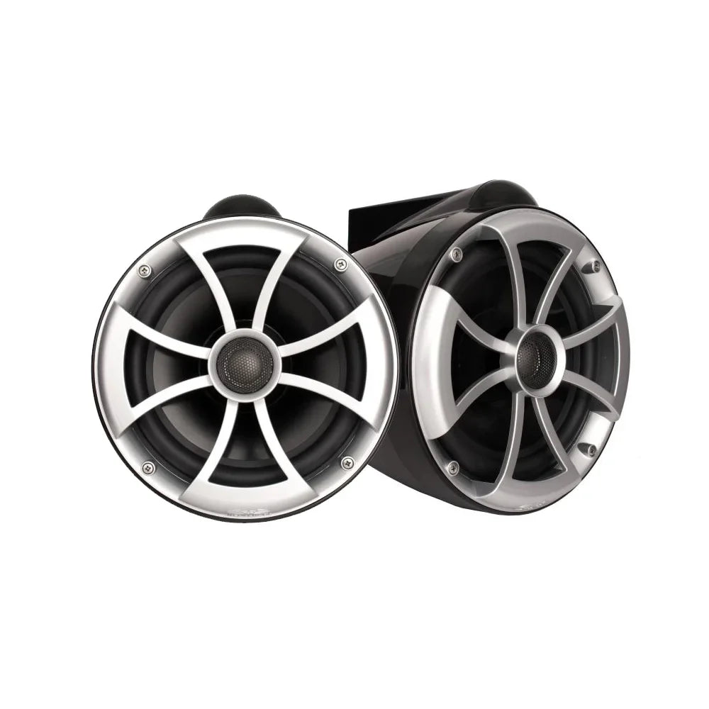Wet Sounds ICON8B-FMINI 8" Midnight Tower Speakers with Stainless Steel MINI Fixed Clamps & SYN-DX2.3 1200 Watt Amplifier