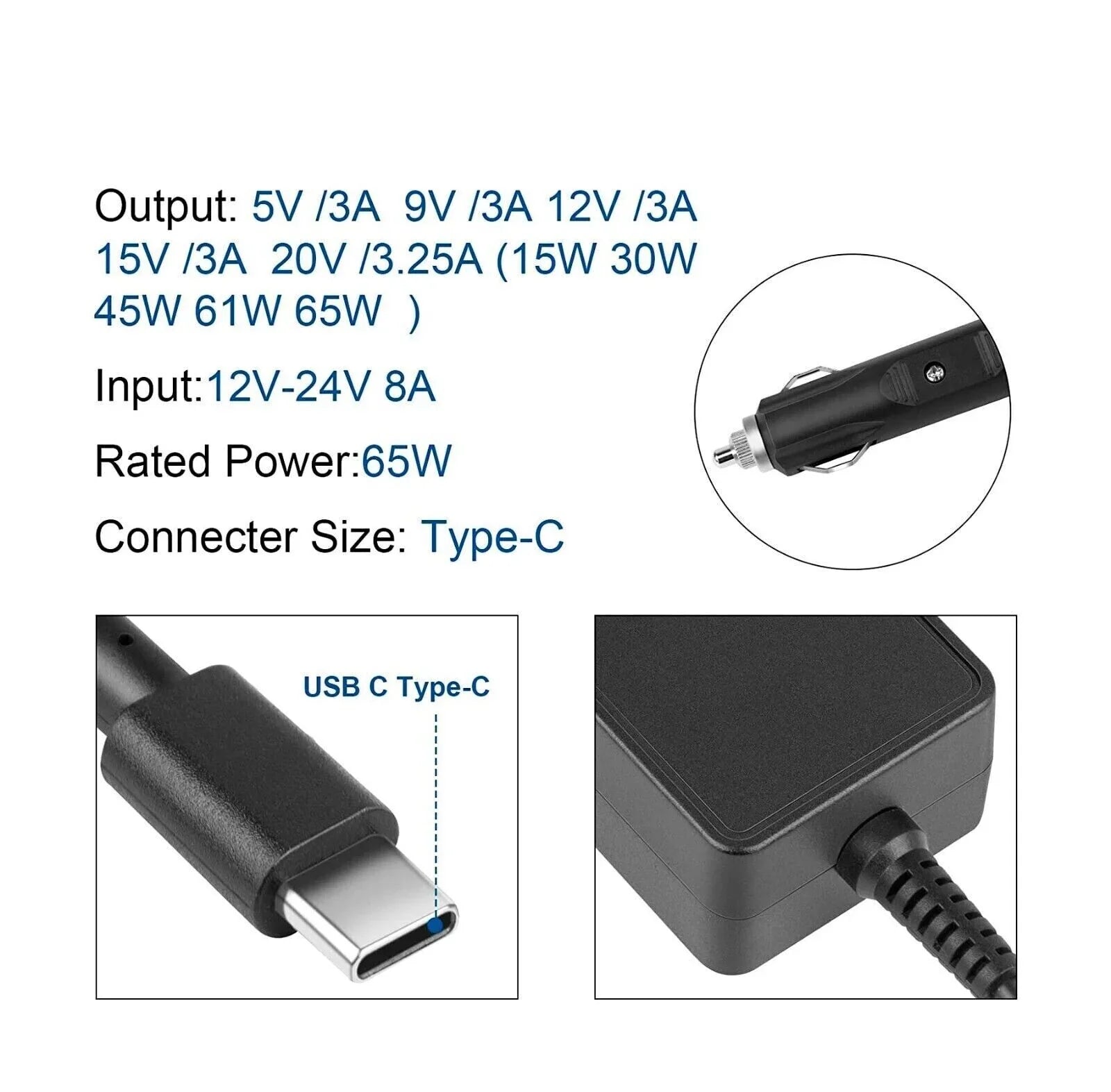 AMSK POWER Car Charger 65W USB-C for HP ZBook Firefly 14 inch G10 A Mobile Workstation PC