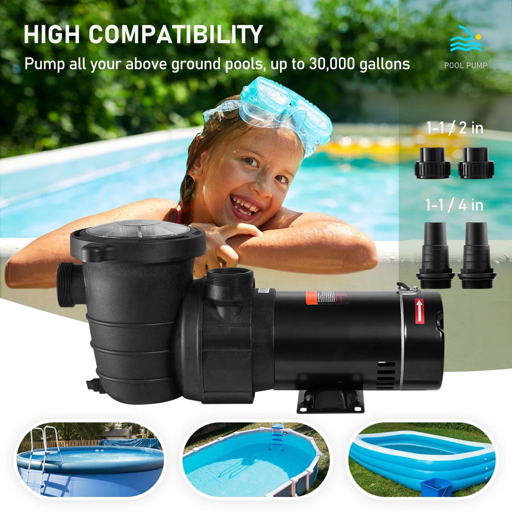 SKYSHALO Swimming Pool Pump, 1.5 HP 115 V, 1100 W Single Speed Pump for In/ Above Ground Pool w/ Strainer Basket, 5280 GPH Max. Flow, Certification of ETL for Security