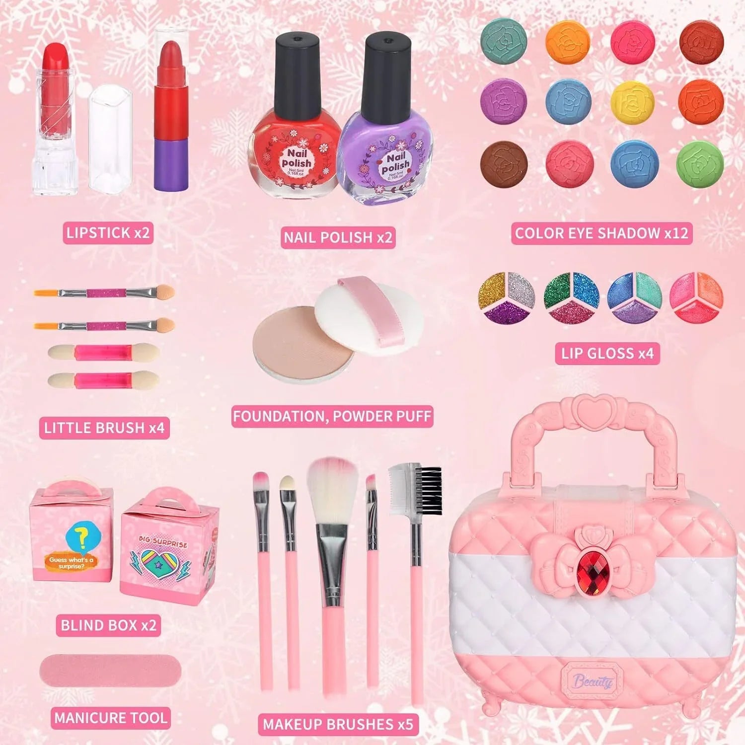 Kids Makeup Kit for Girls, 24Pcs Washable Toddler Makeup Set, Girls Toys Real Cosmetic Makeup Set Safe & Non-Toxic Frozen Makeup for 3-12 Year Olds Kids Christmas Birthday Gift, Pink