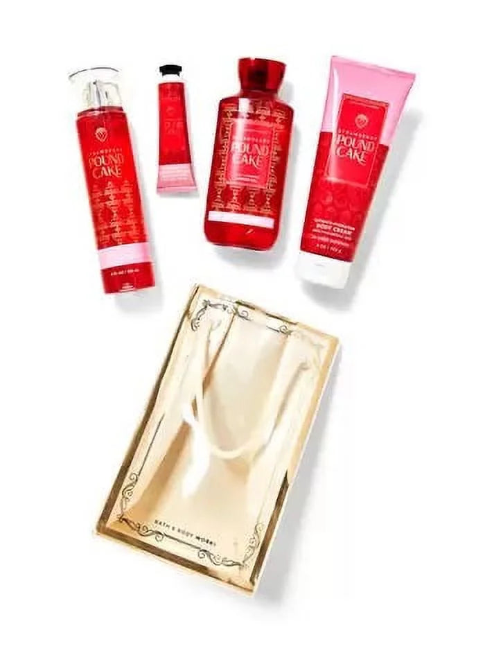 Bath & Body Works STRAWBERRY POUND CAKE Gift Bag - Fragrance Mist - Shower Gel - Body Cream - Hand Cream - Full Size