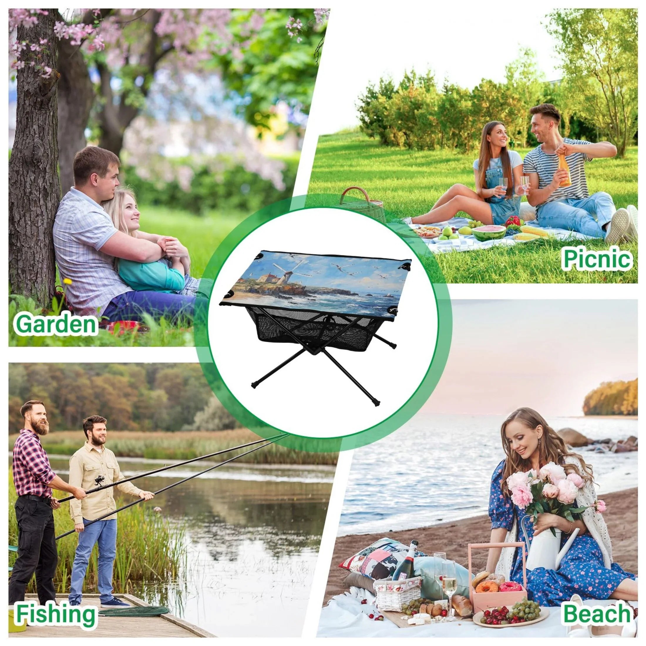 Landscape Paint Camping Foldable Portable Table Beach Table with Storage Bag Compact Picnic Table for Outdoor Hiking Fishing BBQ