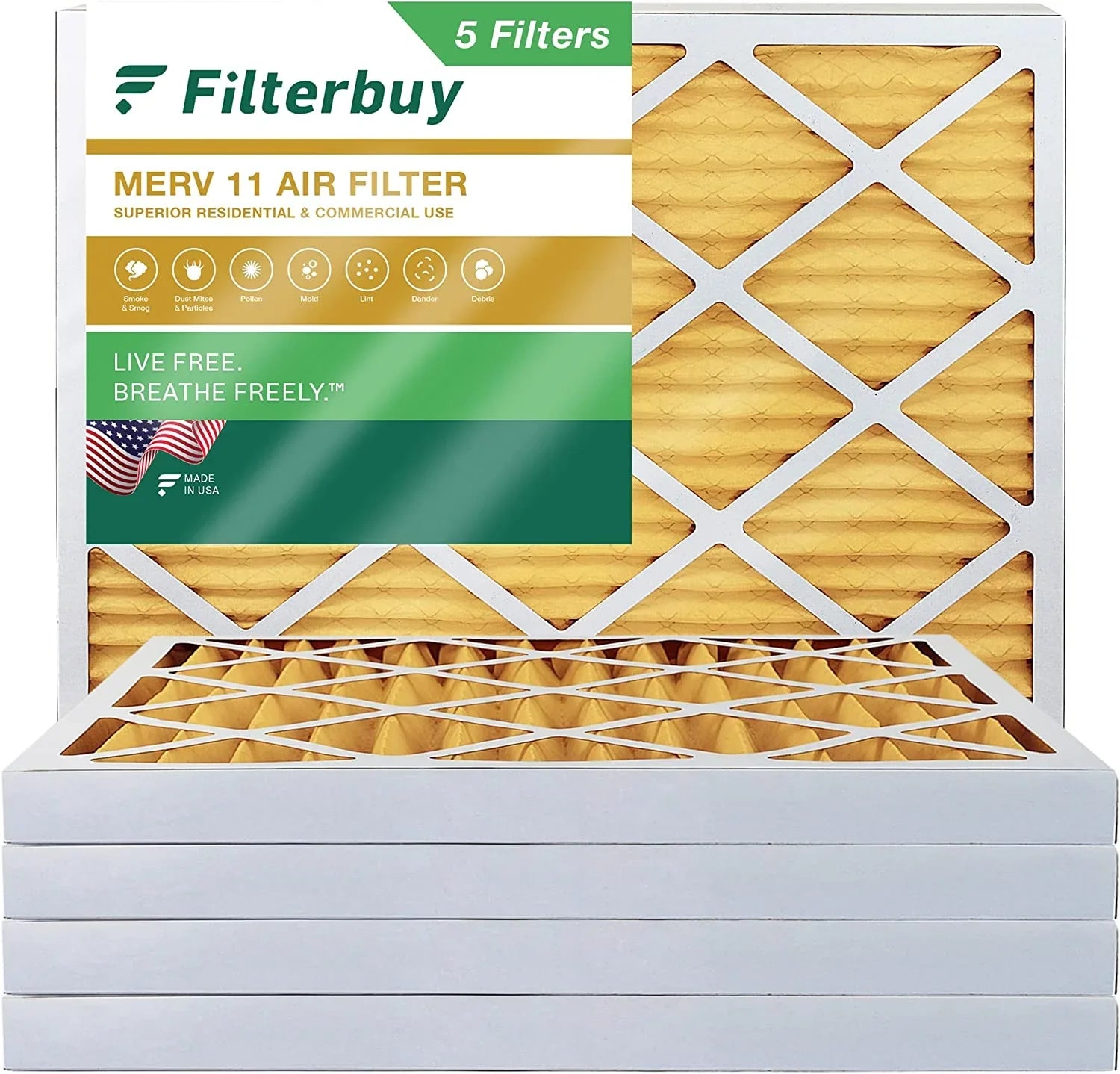 Filterbuy 16x18x2 MERV 11 Pleated HVAC AC Furnace Air Filters (5-Pack)