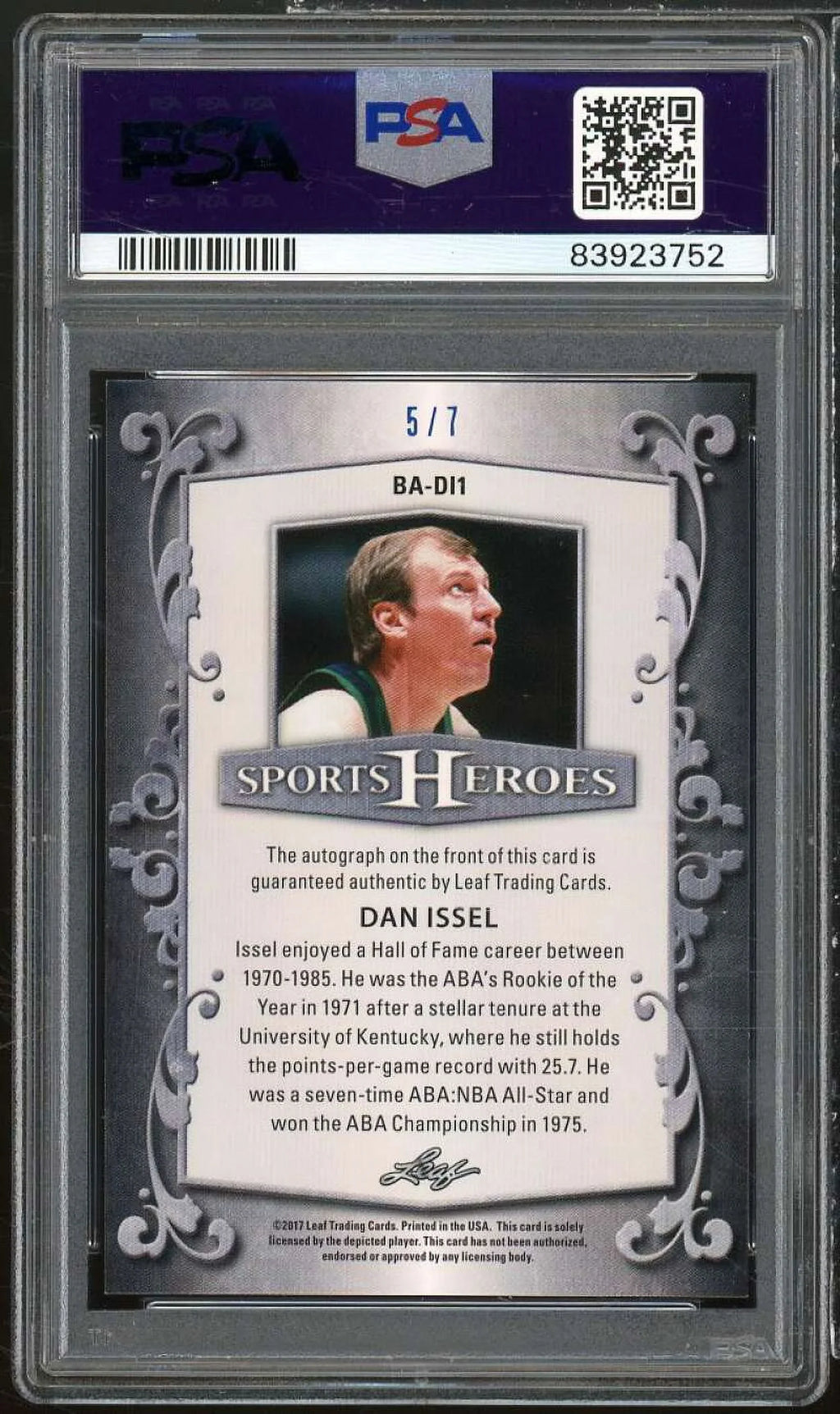 Dan Issel Card 2017 Leaf Metal Sports Heroes Auto Blue (#d 5/7) #BADL1 PSA 9