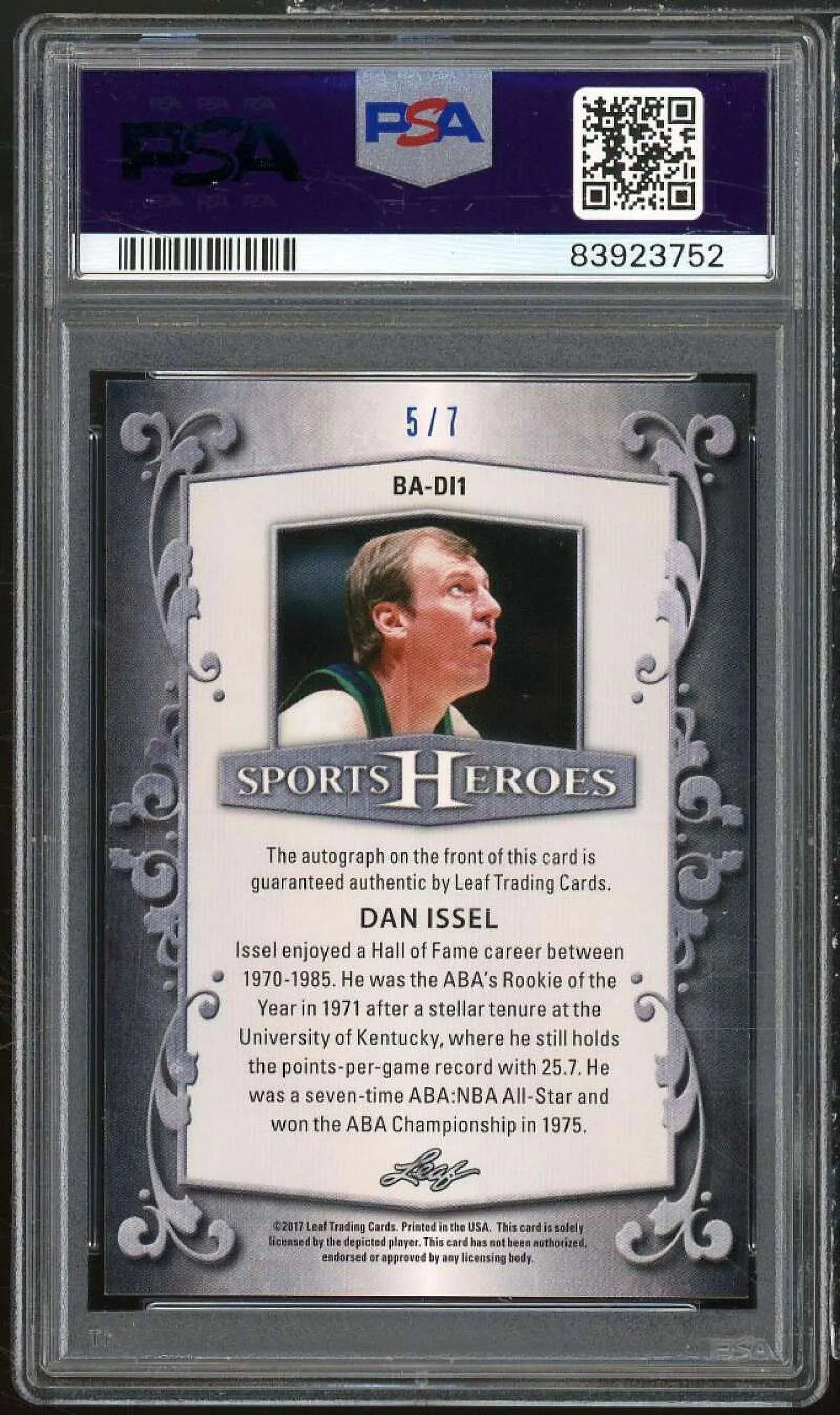 Dan Issel Card 2017 Leaf Metal Sports Heroes Auto Blue (#d 5/7) #BADL1 PSA 9