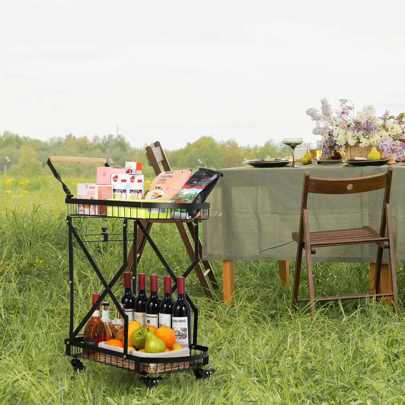 2-Tier Metal Rolling Utility Cart, Multifunction Storage Trolley