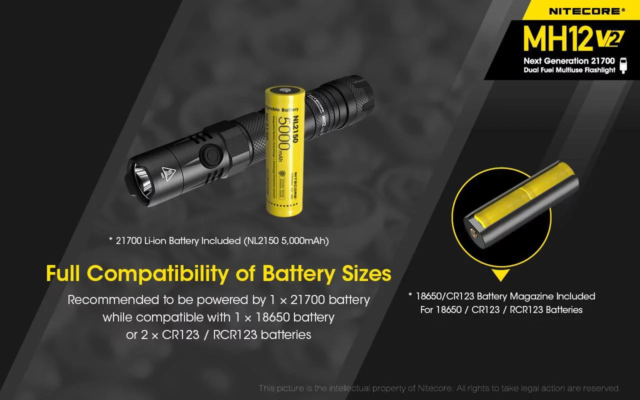 COMBO: Nitecore MH12 V2 CREE XP-L2 V6 LED Flashlight -1200 Gentlemen w/ 21700 Battery and Nitecore NB10000 10,000mAh Power Bank