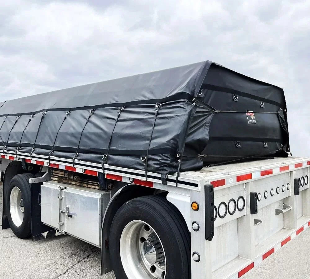 24' x 18' 3 Piece Ebony Lumber Tarp for Heavy Duty Truck Cargo - 18 Oz Vinly Flatbed Tarps with 8' Drop - Waterproof Tarp for Trailers to Protect Cargo from Wind, Rain, Snow and Sun