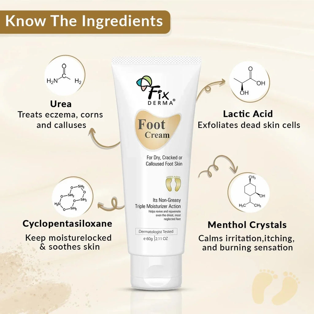Fixderma 5% Lactic Acid, 15% Urea, 3% Glycerine, Foot Cream For Dry & Cracked Feet, Moisturizes and Soothes Feet, Heel Repair Paraben & Sulphate Free, All Skin Types 60 ML