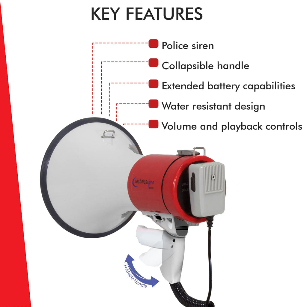 Technical Pro Portable 40 Watts 800M-1000M Range Megaphone Bullhorn With Strap Siren Volume Control for Trainers