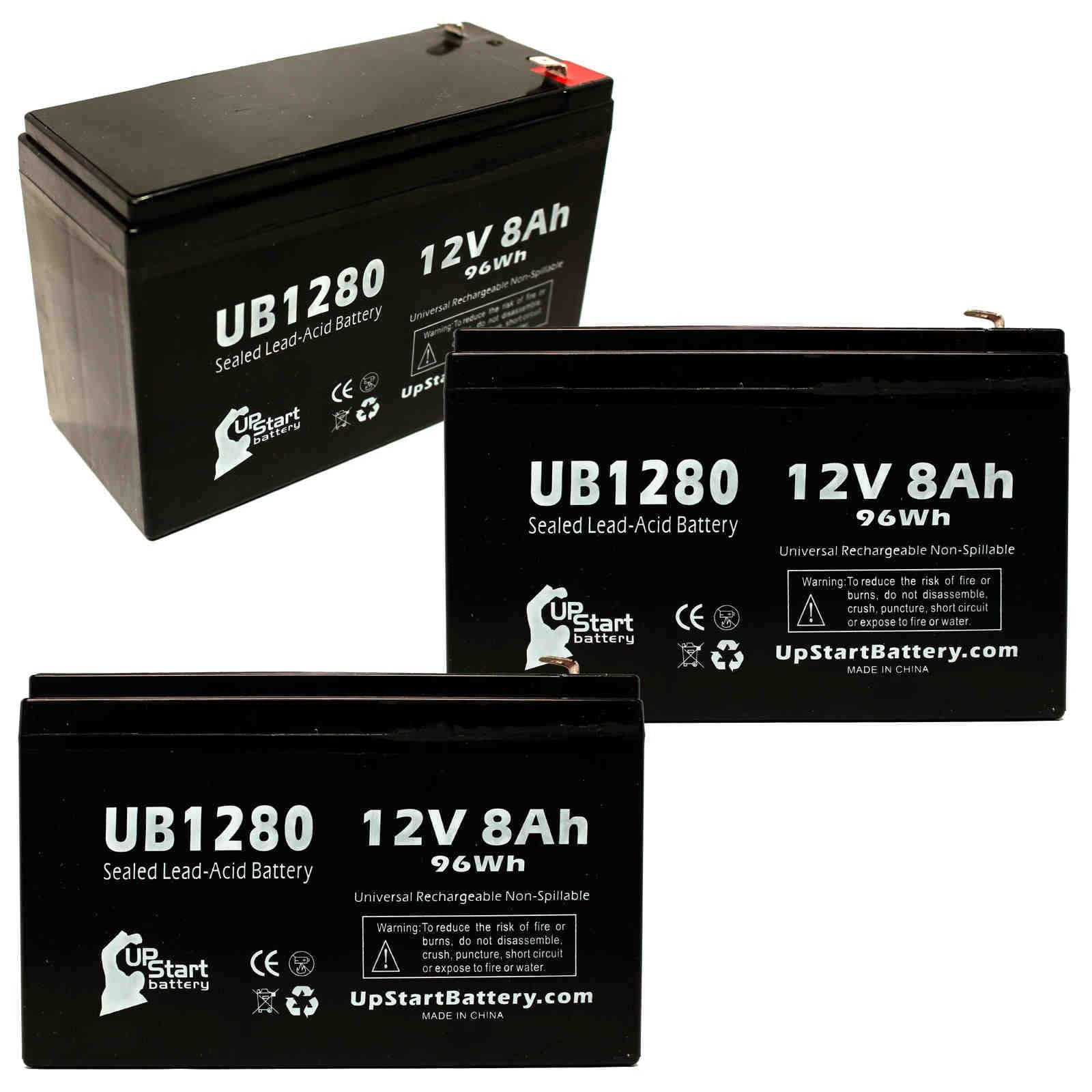 3x Pack - Compatible Opti-ups 280ES Battery - Gentlemen UB1280 Universal Sealed Lead Acid Battery (12V, 8Ah, 8000mAh, F1 Terminal, AGM, SLA) - Includes 6 F1 to F2 Terminal Adapters