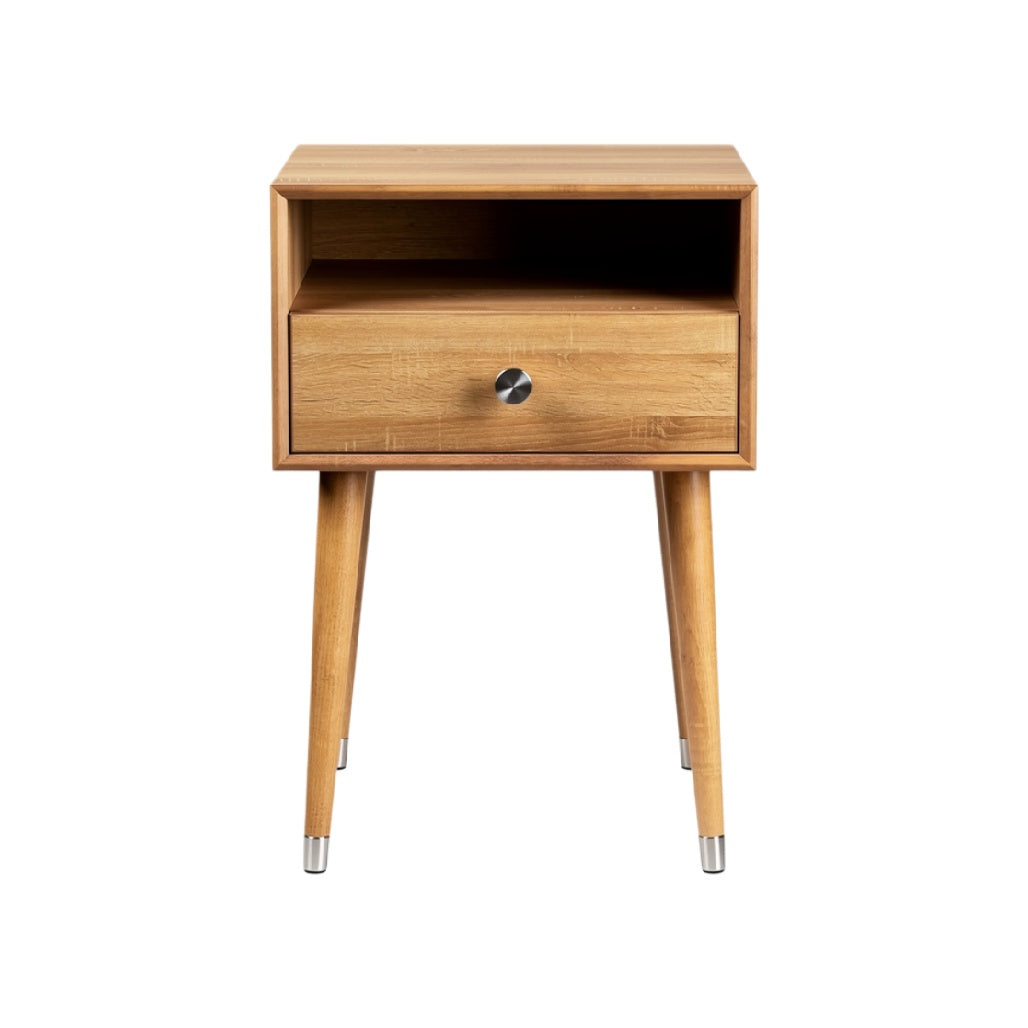 "Modern Bamboo Nightstand with Drawer and Open Shelf"