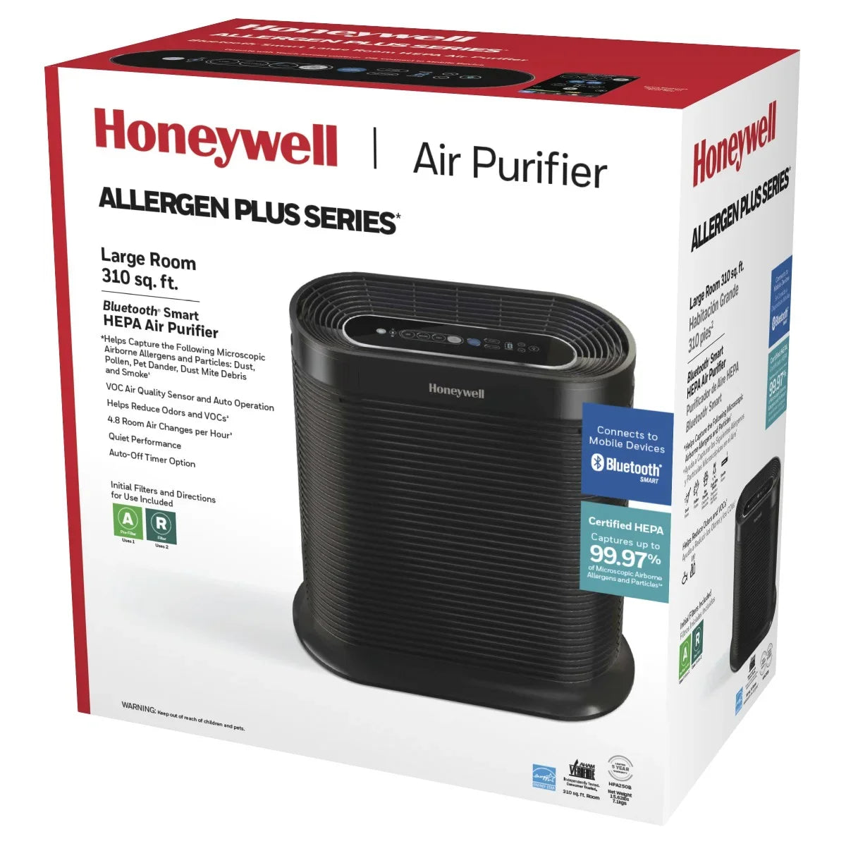 Honeywell Bluetooth HEPA Air Purifier for Large Rooms (310 sq ft), Midnight HPA250B