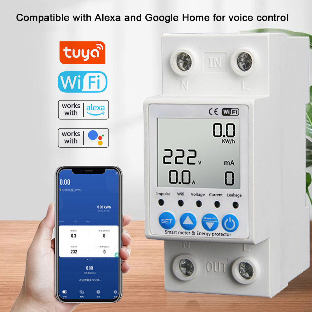 Tuya WiFi Intelligent Leakage Protecting Switch Current Voltage Monitoring Circuit Breaker Timer Function Power Meter Compatible with Amazon Alexa and Google home for Voice Control