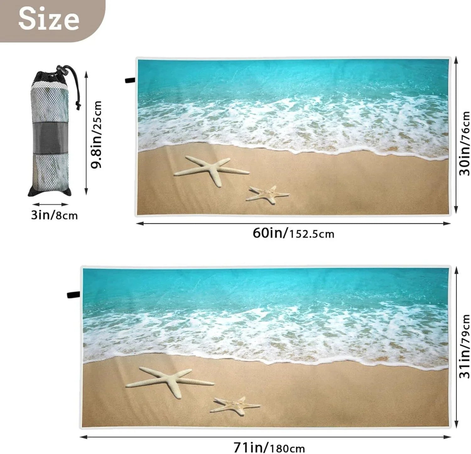 Bestwell Sea Beach Starfish Beach Towel Oversized Towel Blanket, Thin Lightweight Microfiber Sand Free Quick Dry Towel, 31”X71” Multipurpose Pool Bath Yoga Swim Shower Towel