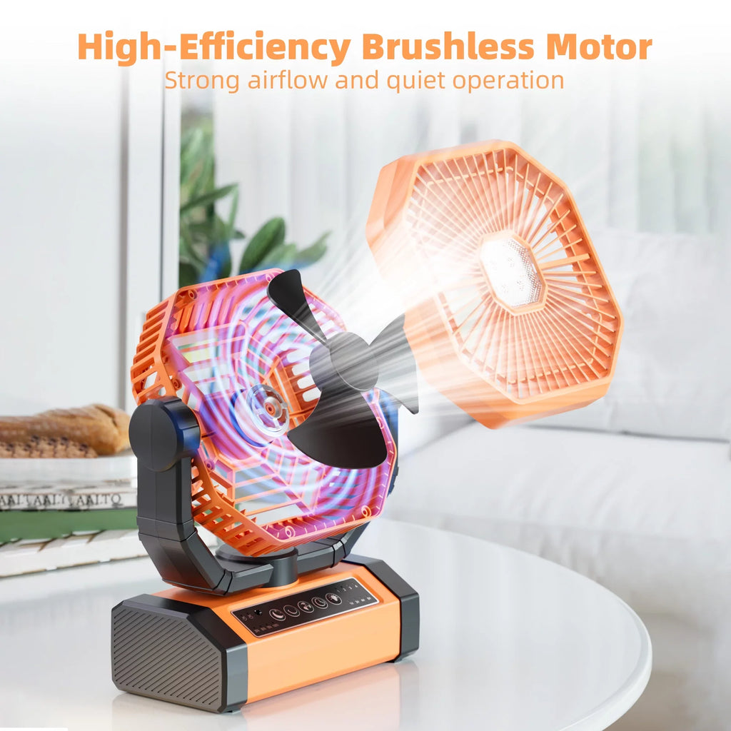 MORIKO Portable Cordless Fan 20000mAh Rechargeable Battery Powered Ventilator w/ LED Lantern, Remote, Hook, Timer, 270° Pivot 90° Oscillating 4 Speed Brushless Motor, Outdoor Jobsite Garage Patio Fan