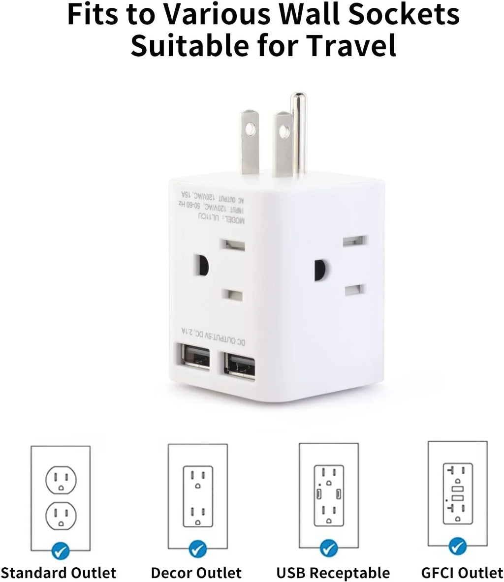 Multi Plug Outlet Termination with 2 USB and 4 AC Sockets, Wonplug Right Angle Plug Adapter Splitter 3 Prong Adapter Wide Spaced Cube Wall Charger for USA Home Office Cruise Ship Travel,White