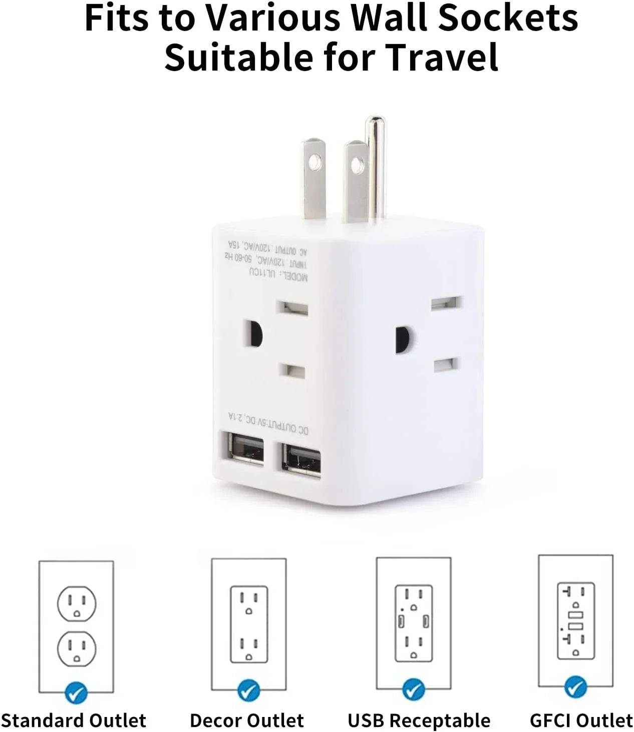 Multi Plug Outlet Termination with 2 USB and 4 AC Sockets, Wonplug Right Angle Plug Adapter Splitter 3 Prong Adapter Wide Spaced Cube Wall Charger for USA Home Office Cruise Ship Travel,White