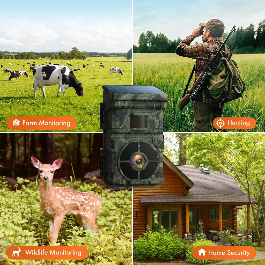CAMPARK Solar Trail Camera 24MP 1080P 2500mAh Built-in Lithium Battery Rechargeable Game Camera with Night Vision Waterproof IP66 0.1s Trigger Speed 120°Wide Angle 2.0" LCD Hunting Cam with SD Card