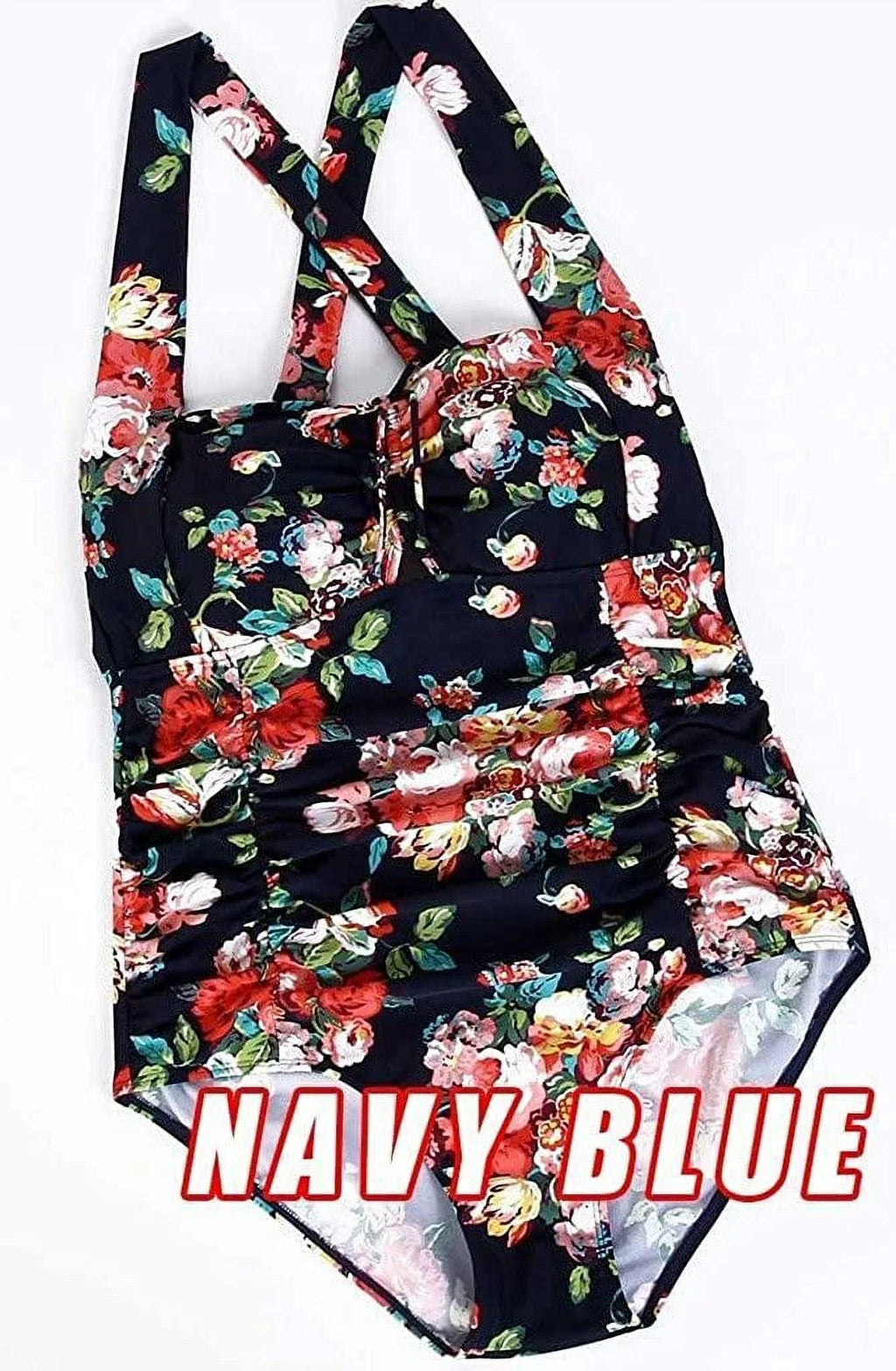 QZUnique Individuals One Piece Bathing Suit Tummy Control Swimwear Halter Ruched Swimsuit Plus Size Vintage Monokini
