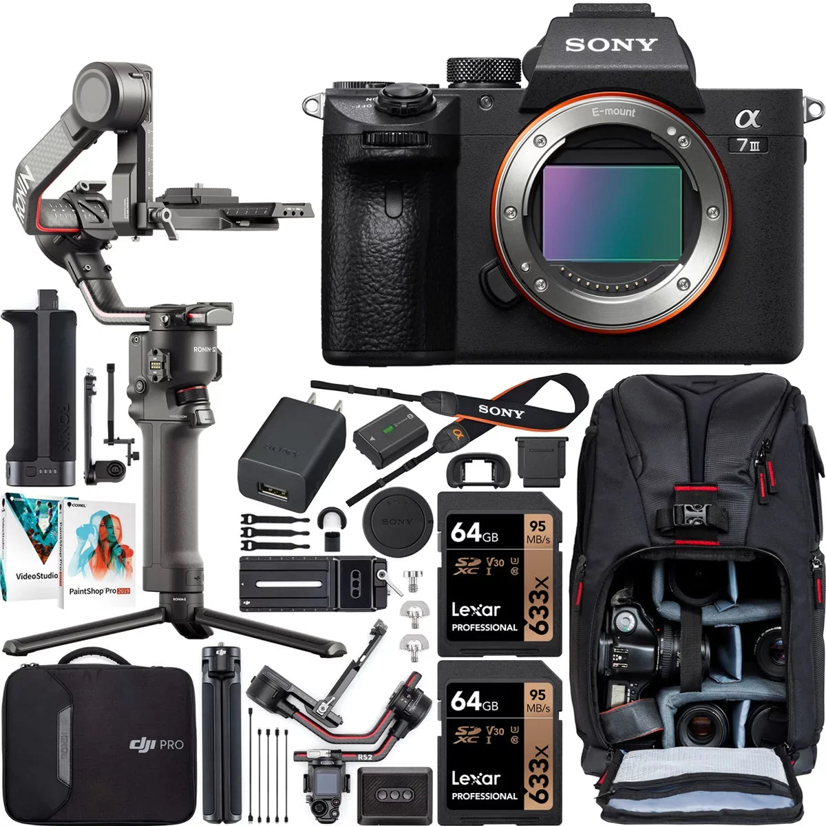 Sony a7 III Full-Frame Alpha Mirrorless Digital Camera a7III Body ILCE-7M3 Filmmaker's Kit with DJI RS 2 Gimbal 3-Axis Handheld Stabilizer Bundle + Deco Photo Backpack + Software