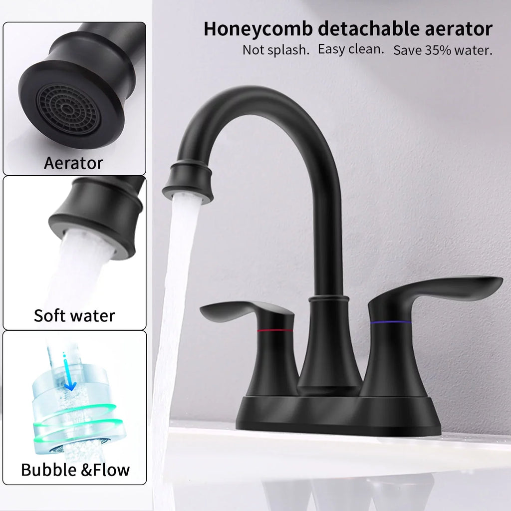 Kichae 6 Inch Vanity Sink Faucet，2-Handle 360 Degree Swivel Bathroom Spout Centerset Faucet with Pop-up Drain & Supply Hoses，Matte Midnight