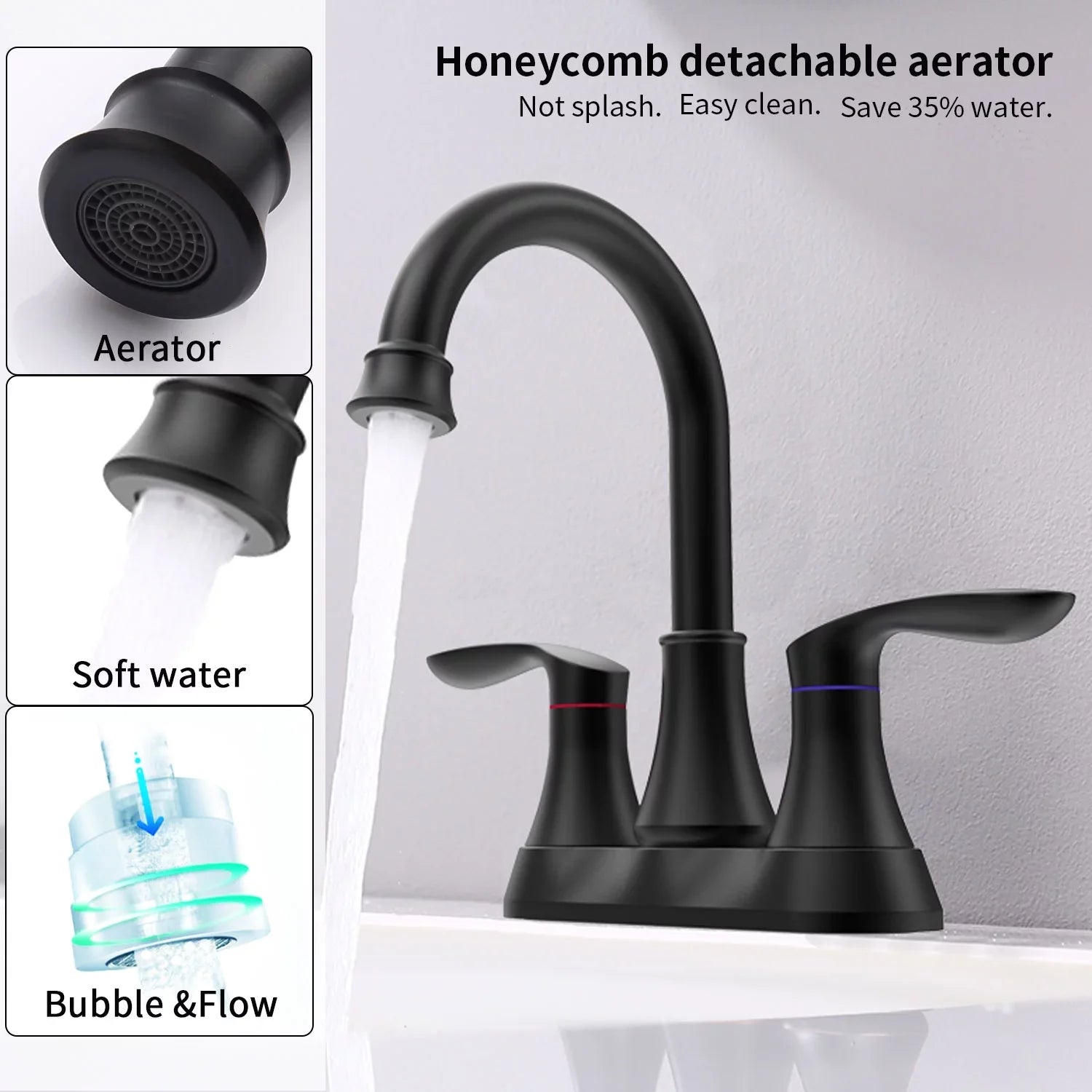 Kichae 6 Inch Vanity Sink Faucet，2-Handle 360 Degree Swivel Bathroom Spout Centerset Faucet with Pop-up Drain & Supply Hoses，Matte Midnight