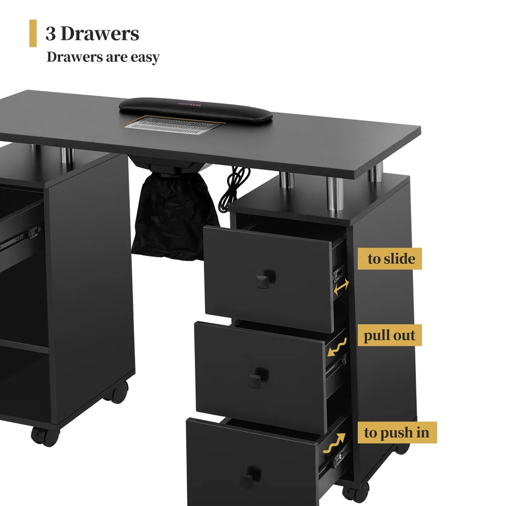 LUXMARS Manicure Table Nail Desk for Technician, Nail Table w/ Electric Dust Collector & Wrist Rest Cushion, Acetone Resistant Nail Table Station w/Lockable Wheels & Drawers & Cabinet - Midnight