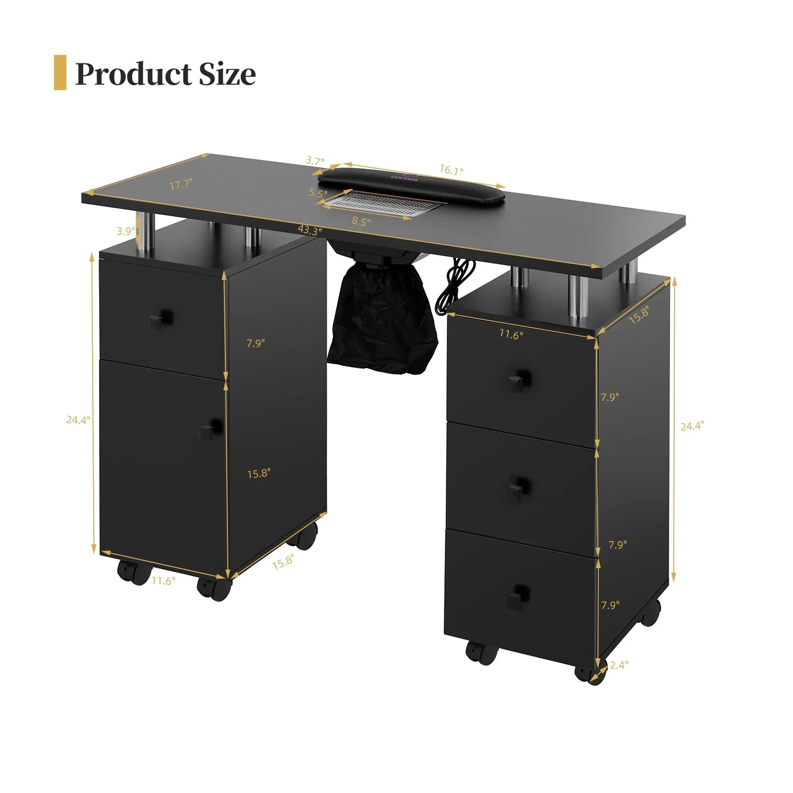 LUXMARS Manicure Table Nail Desk for Technician, Nail Table w/ Electric Dust Collector & Wrist Rest Cushion, Acetone Resistant Nail Table Station w/Lockable Wheels & Drawers & Cabinet - Midnight
