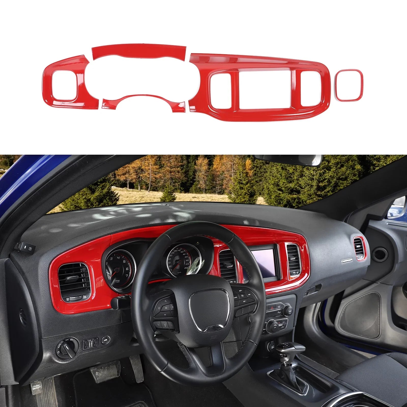 CheroCar Console Center Dash Board Trim Covers Interior for Dodge Charger 2015-2022,Red