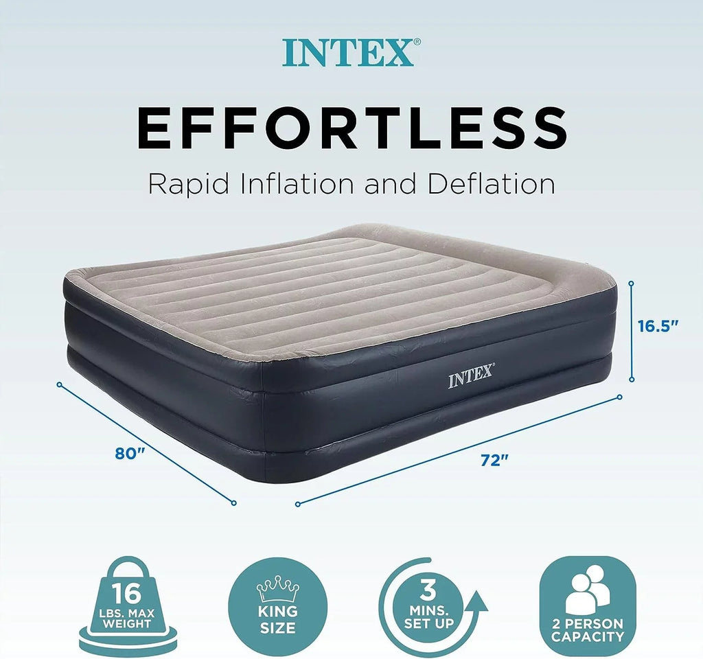 Deluxe Raised Pillow Inflatable Blow Up Portable Firm Air Mattress with Built-in Internal Air Pump, King-Sized Bed