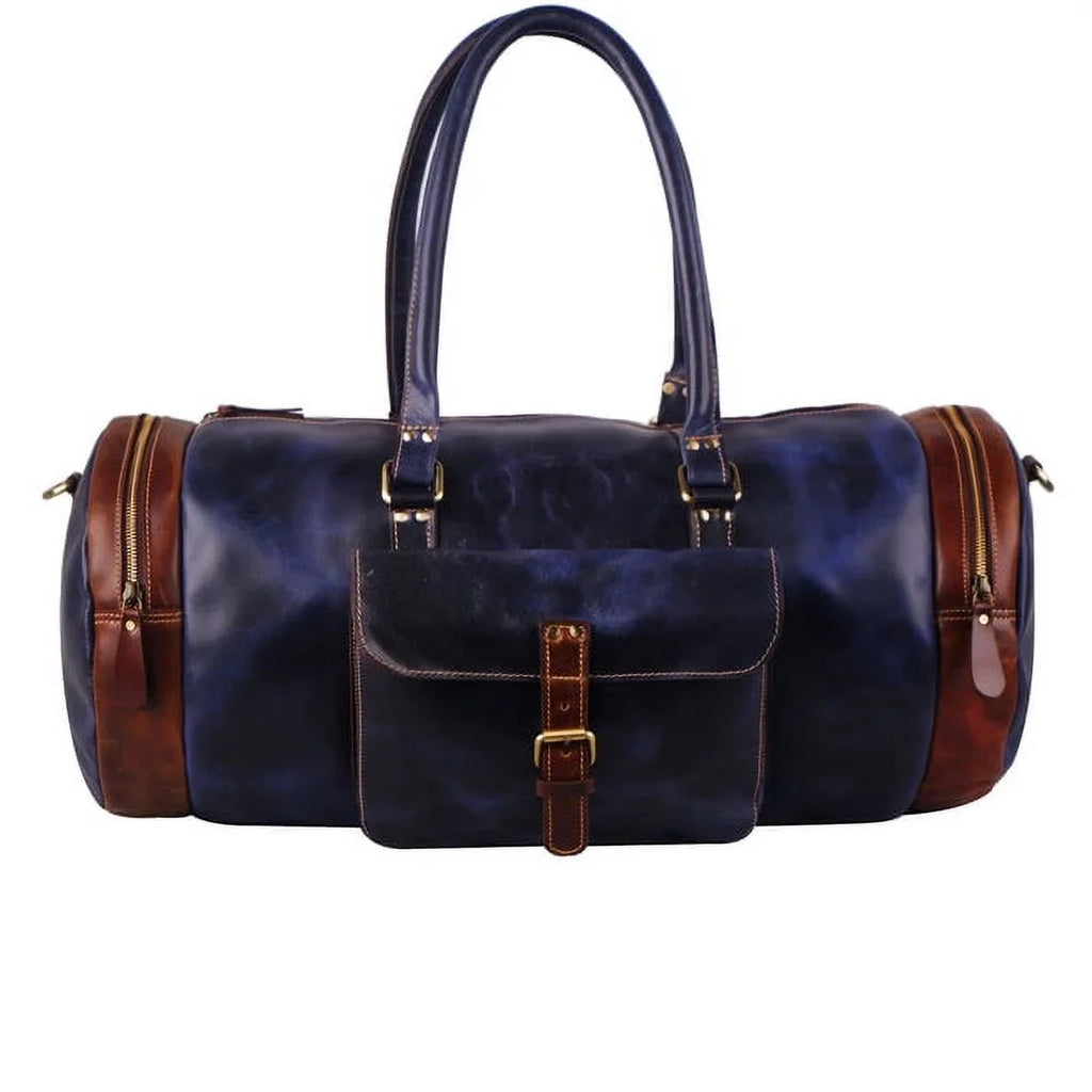 MaheTri Leather Blue Duffel Bag 22" Travel Bag for Gym Sports Final Point Bag