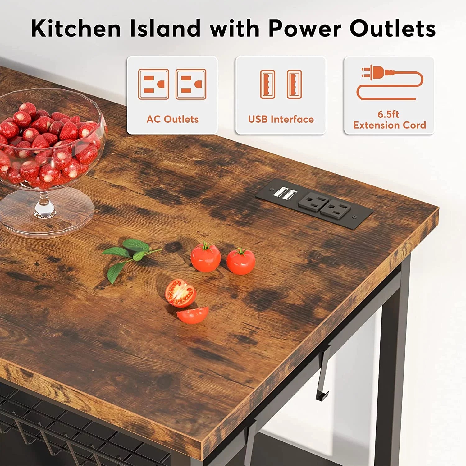 TJUNBOLIFE Kitchen Island with Industrial Island Table with Power Outlets and Wire Baskets 3 Tier Microwave Oven Stand Butcher Block Island with Large Worktop 4 Hooks Rustic Brown