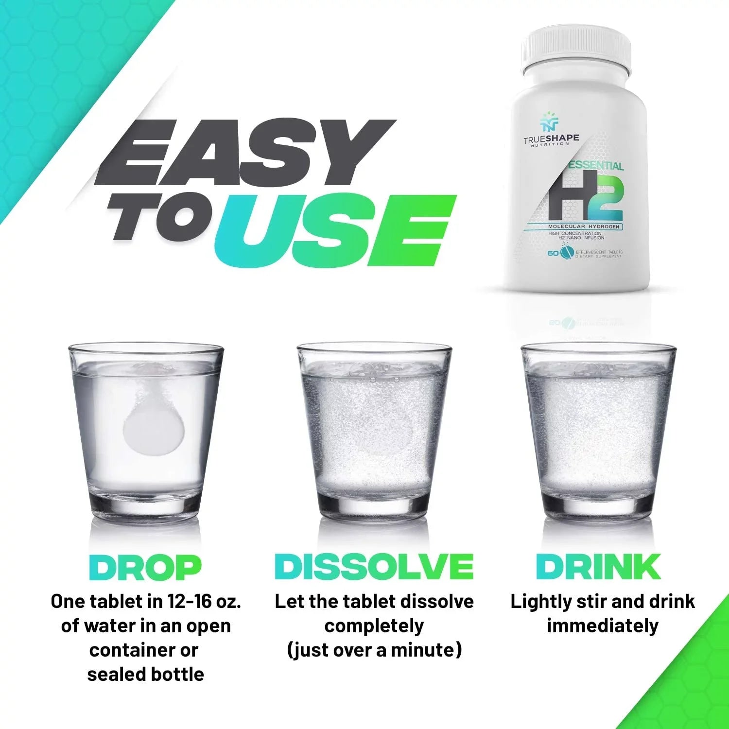 TrueShape Nutrition Essential H2 Fizzy Molecular Hydrogen Tablets for Water Nutritional Individuals (60 Servings)
