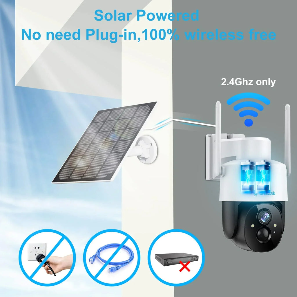 Unilook Solar Security Wifi Camera Outdoor, 2K Wireless Battery PTZ Camera, IP65 Waterproof Rechargeable Works with Alexa
