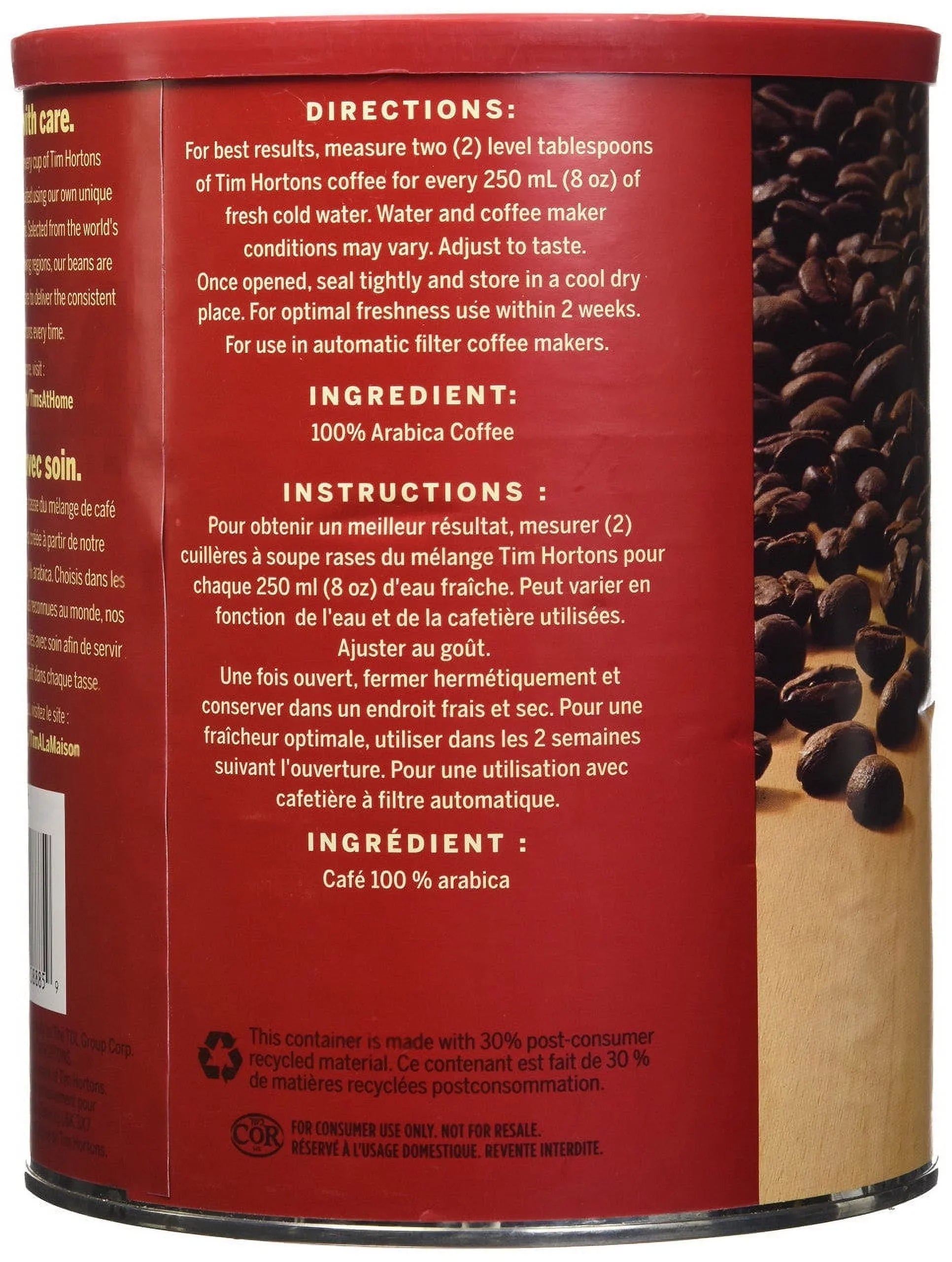 Tim Hortons Coffee, Original Edge 48oz., Extra Large Medium Roast Fine Grind 100% Arabica {Imported from Canada}