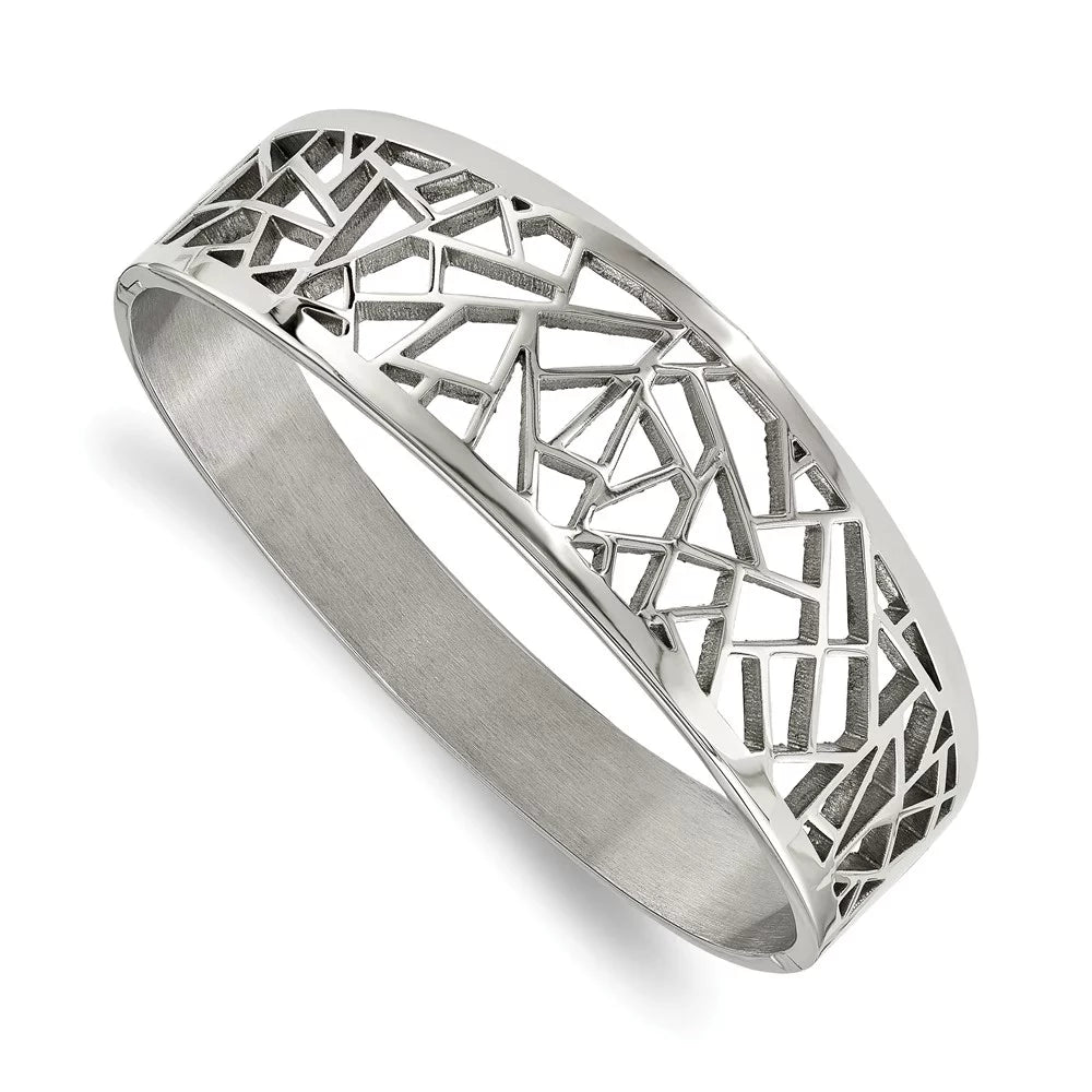 Stainless Steel Polished Geometric Cut-out Hinged Bangle; for Adults and Teens; for Individuals and People