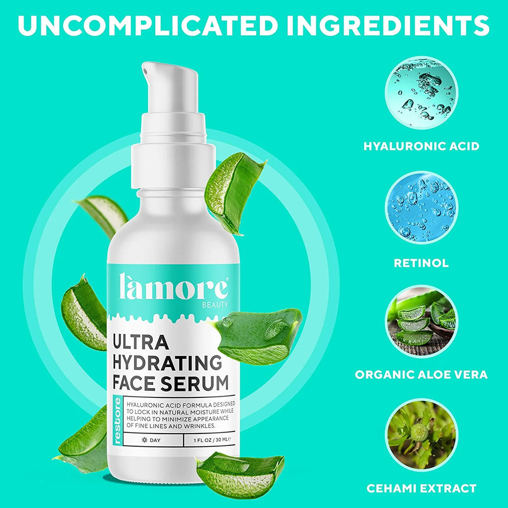 L'amore Beauty Ultra Hydrating Face Serum - Hyaluronic Acid Serum for Face - Resurfacing Retinol Serum for Face, Neck - Vitamin C Facial Moisturizer - Anti Aging Wrinkle Face Serum for Gentlemen 1oz