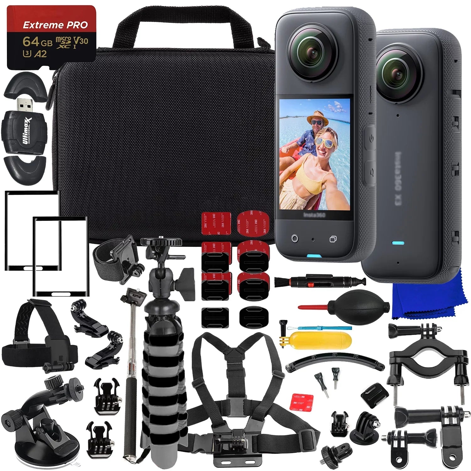 Ultimaxx Deluxe Insta360 ONE X3 Action Cam Bundle - Includes: 64GB Extreme Pro microSDXC, 2x Glass Screen Protector, Helmet Mount Kit, Selfie-Stick & Much More (32pc Bundle)