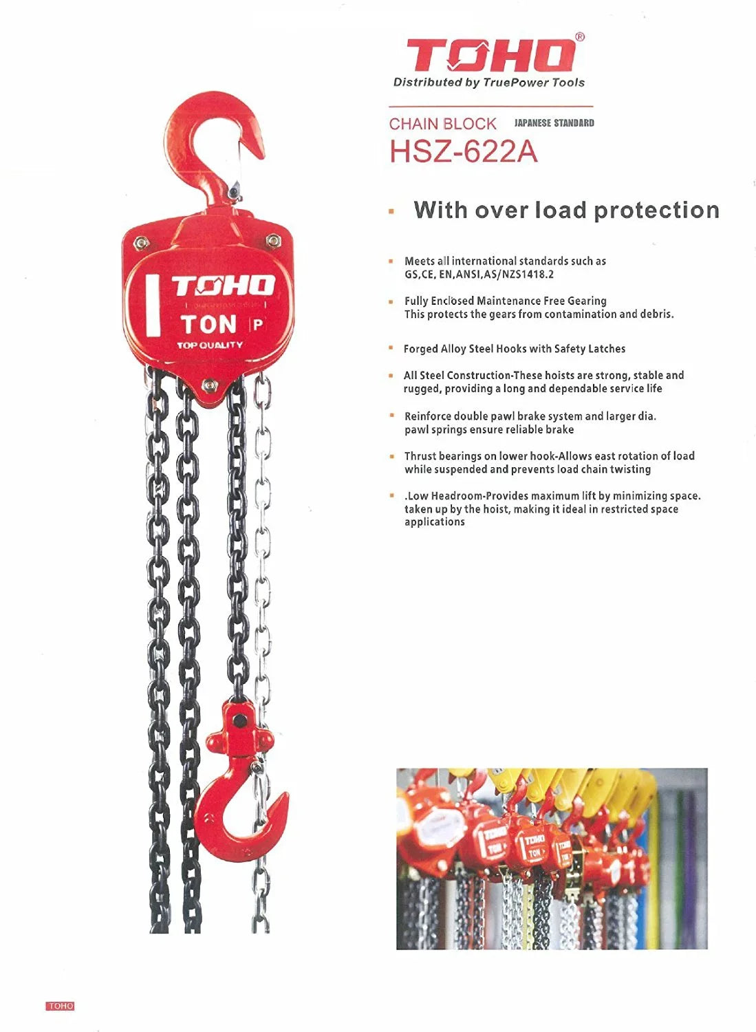 TOHO HSZ-622A OP Chain Block Hoist with Overload Protection (0.5 Ton, 20 Ft. Chain)