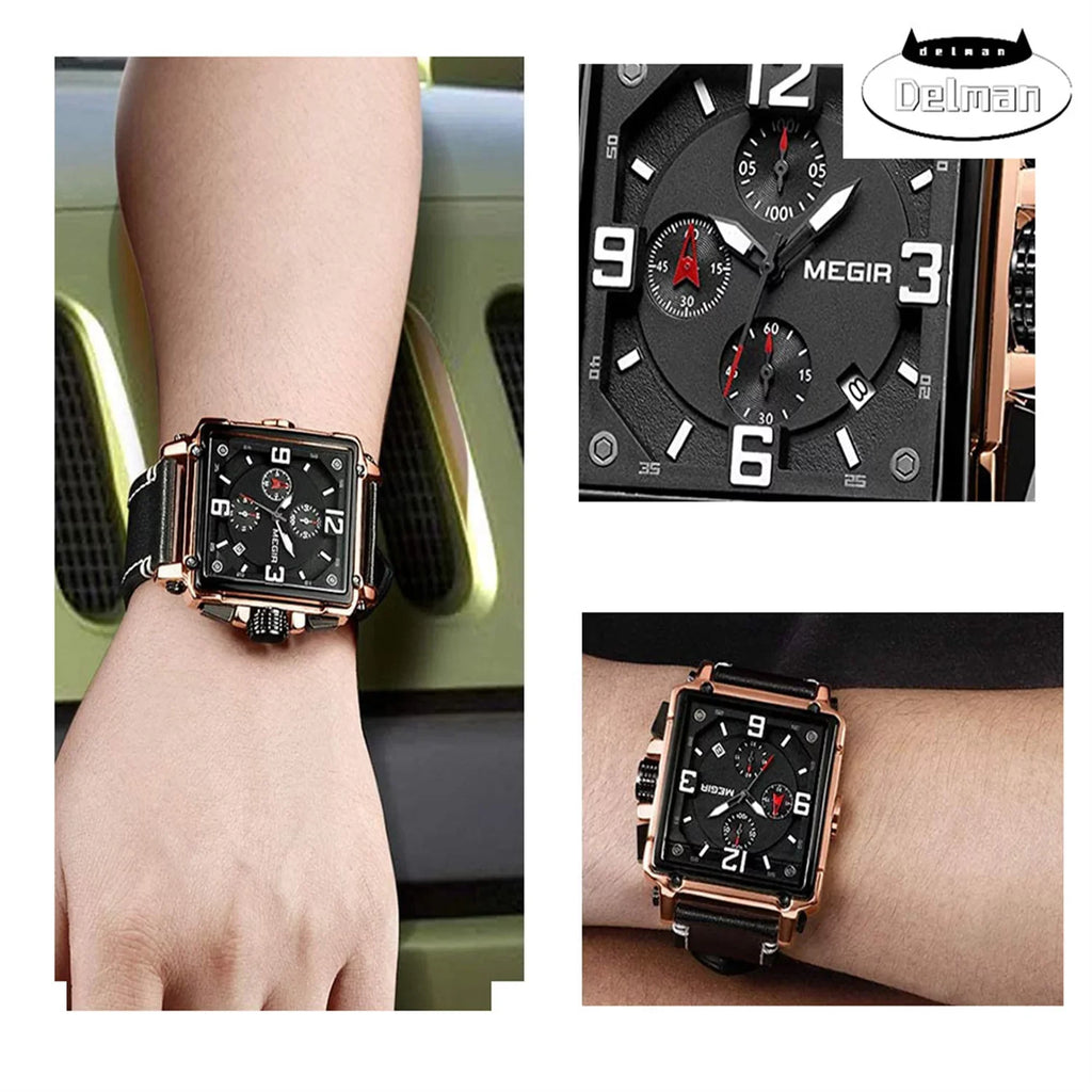 People Fashion Leather Strap Mineral Watches Luxury Square Face Chronograph Wristwatch Casual Waterproof Luminous Watch for Man