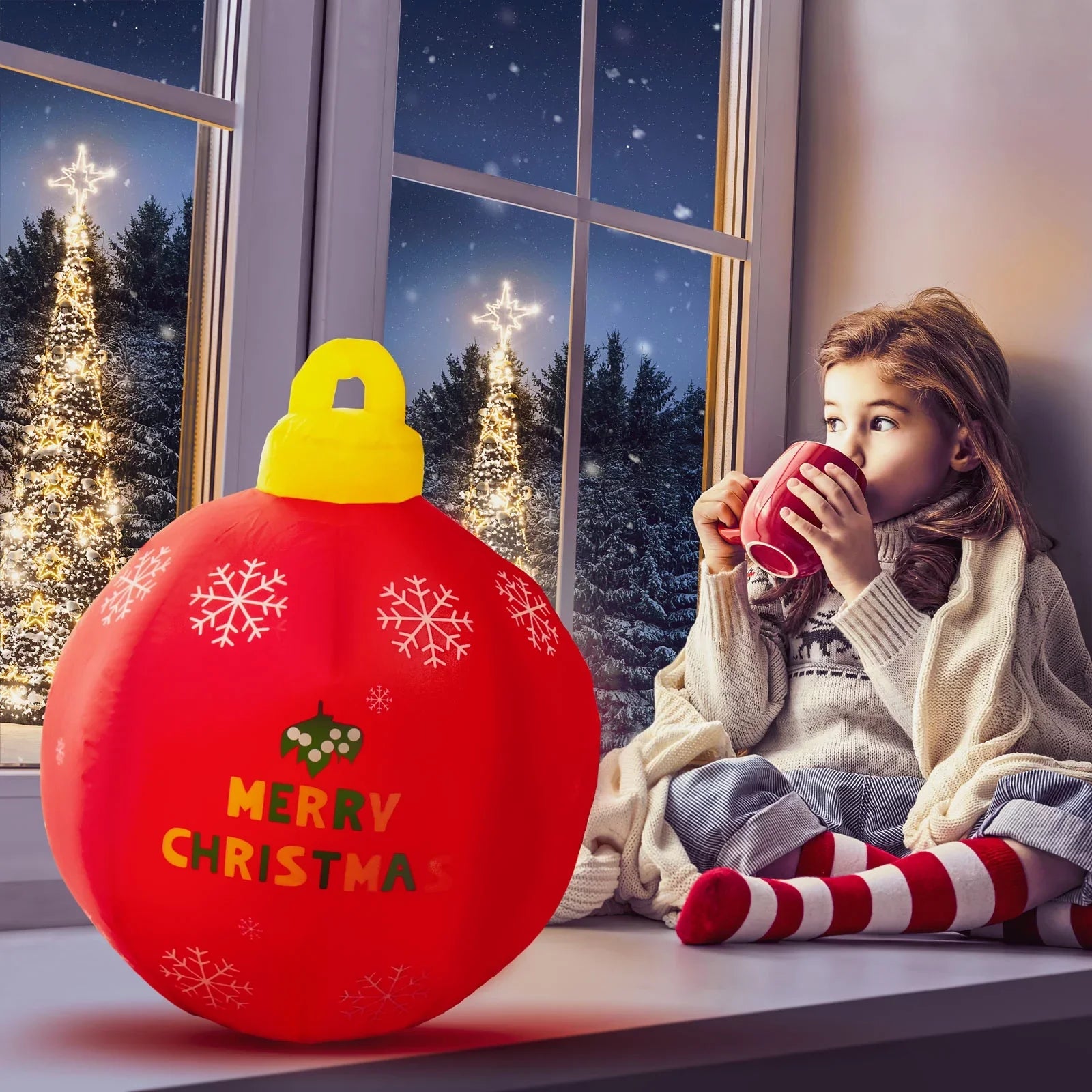 Fun Little Toys Christmas Inflatables Ball, Large Christmas Individuals Light Up Ball Outdoor Christmas Decorations Ball Blow Up Yard Decorations for Chrismas Ball Inflatable Christmas Decorations