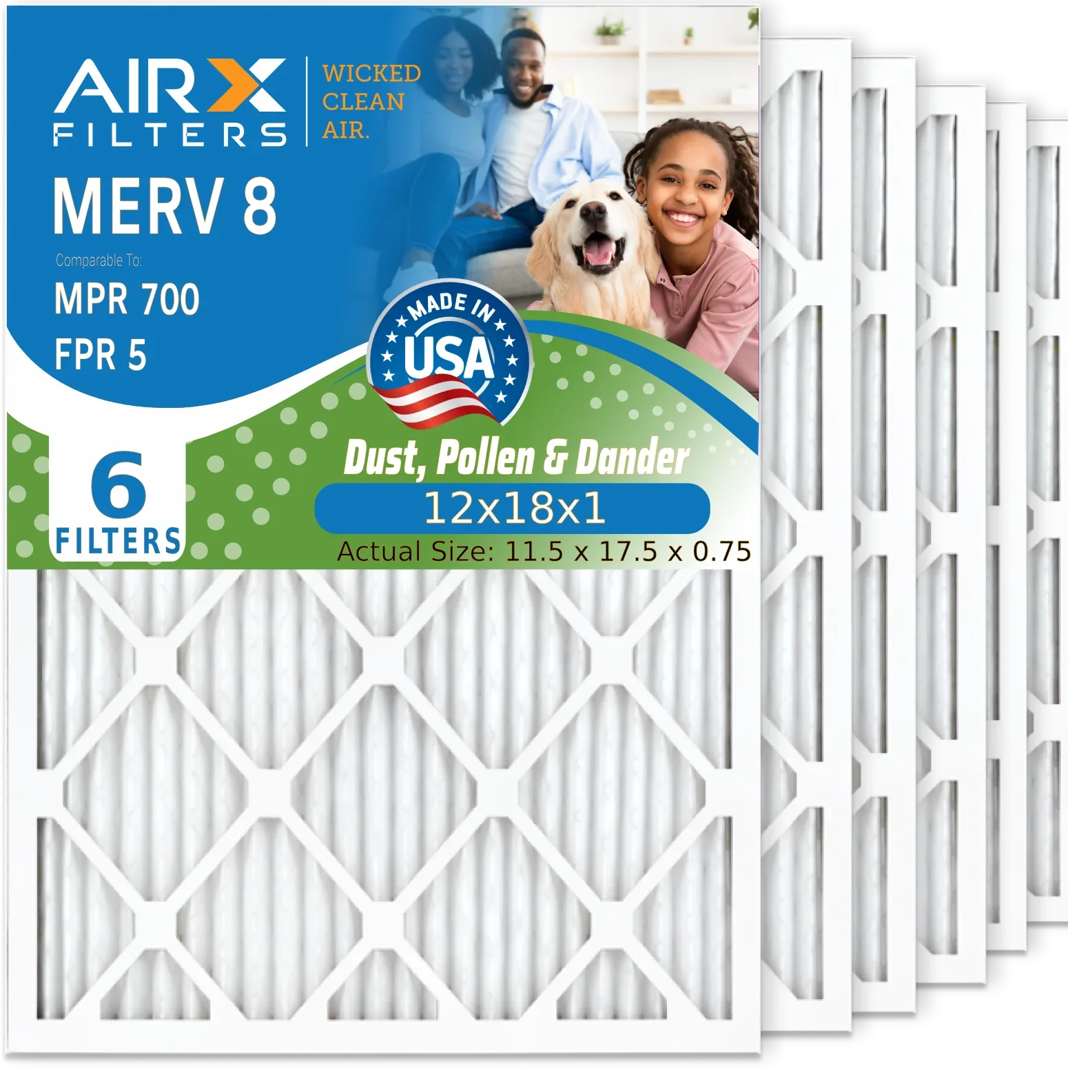 12x18x1 Air Filter MERV 8 Comparable to MPR 700 & FPR 5 Electrostatic Pleated Air Conditioner Filter 6 Pack HVAC AC Premium USA Made 12x18x1 Furnace Filters by AIRX FILTERS WICKED CLEAN AIR.